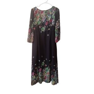 Unbranded Black Floral Butterfly Print Maxi Dress Long Sleeve Chiffon XL
